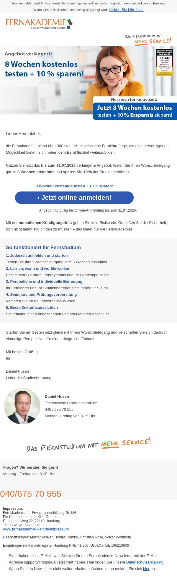 Nur noch jetzt: 8 Wochen kostenlos testen und 10 % Preisvorteil email from Fernakademie für Erwachsenenbildung screenshot