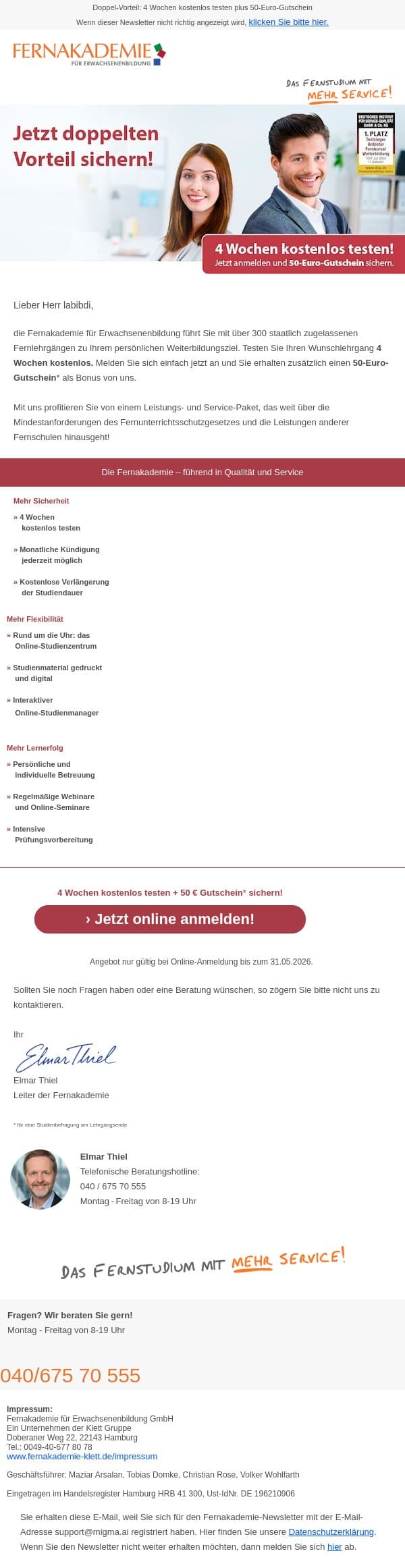 Jetzt anmelden und 50-Euro-Gutschein sichern! email from Fernakademie für Erwachsenenbildung screenshot