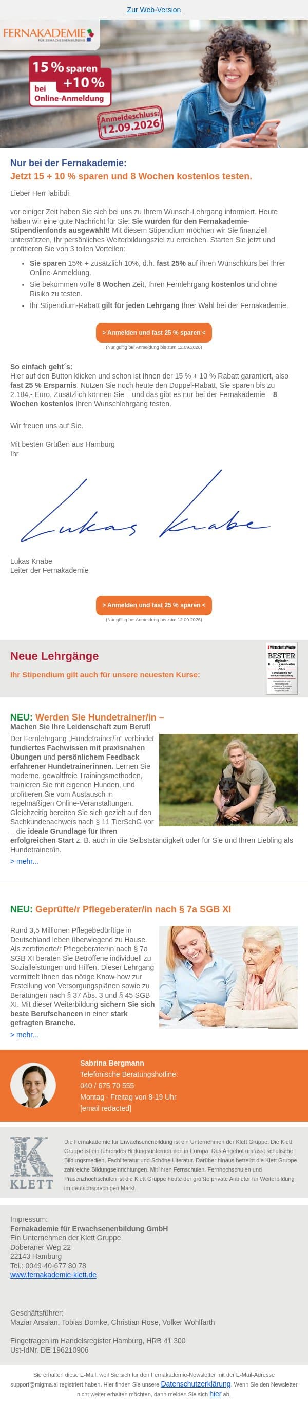 Nur noch wenige Tage bis zu € 2.184,- sparen mit Ihrem Fernakademie-Stipendium! email from Fernakademie für Erwachsenenbildung screenshot