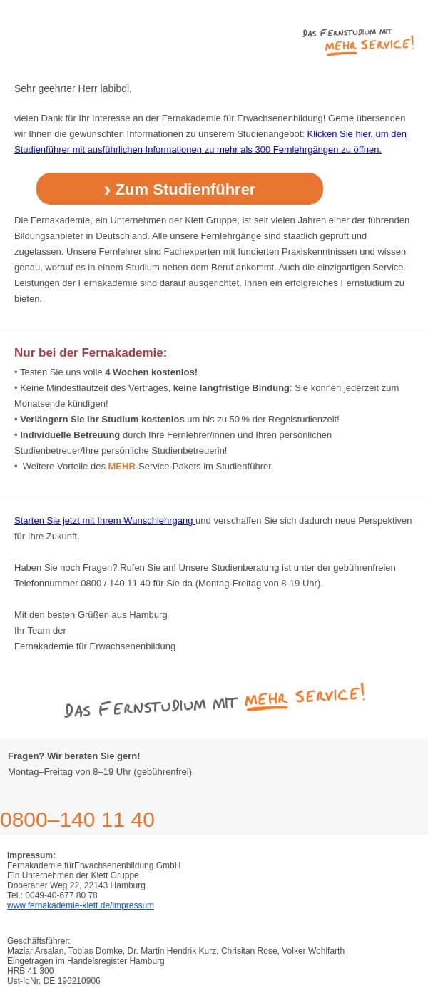 Ihr Interesse an einem Fernakademie-Fernstudium email from Fernakademie für Erwachsenenbildung screenshot