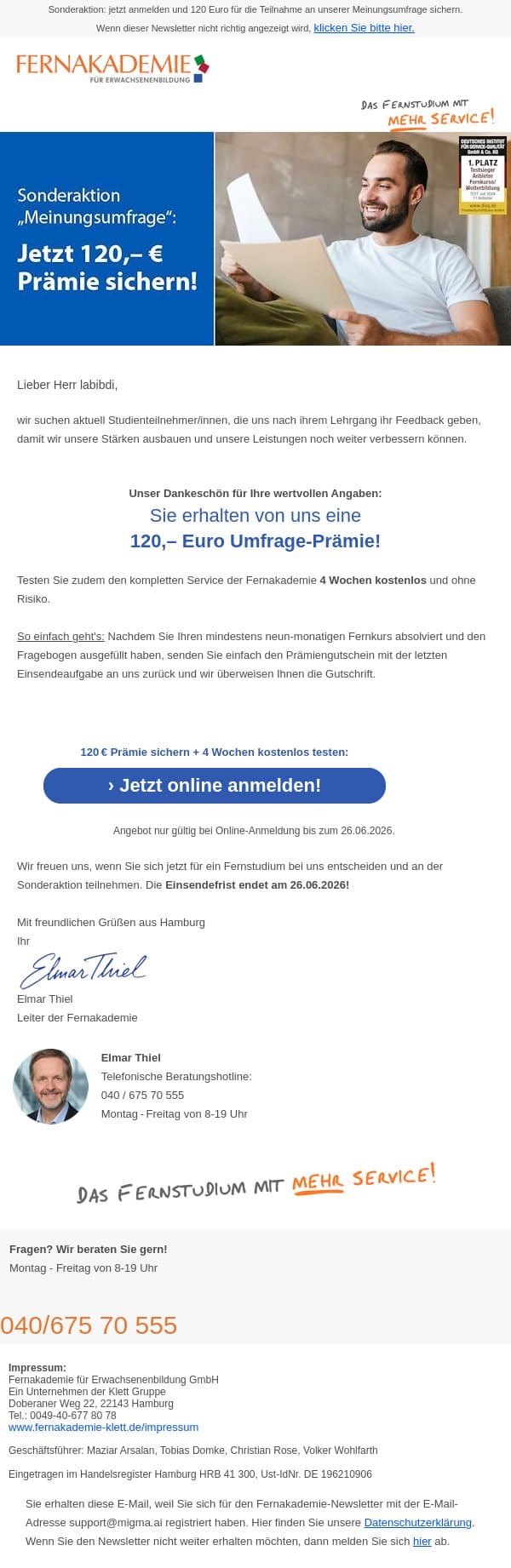 Einladung: Jetzt 120,- Euro Umfrage-Prämie sichern und 4 Wochen kostenlos testen email from Fernakademie für Erwachsenenbildung screenshot