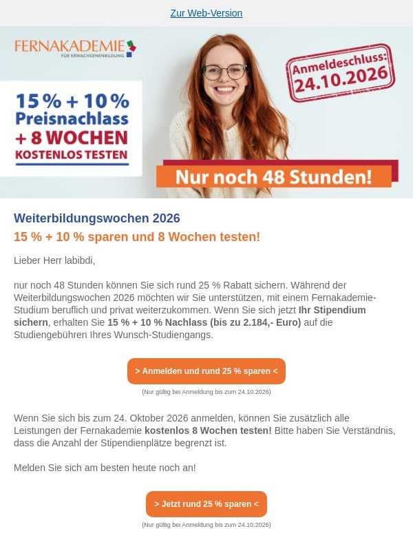 Nur noch 48h: rund 25 % sparen und 8 Wochen testen! email from Fernakademie für Erwachsenenbildung