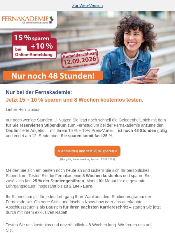 Nur noch 48 h: Jetzt rund 25 % sparen - last Call email from Fernakademie für Erwachsenenbildung