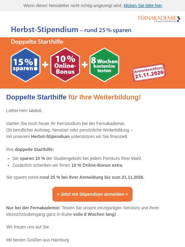 Herbst Stipendium - doppelte Starthilfe rund 25% sparen email from Fernakademie für Erwachsenenbildung