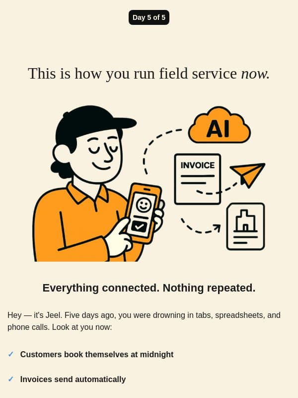 You're in. Here's what happens next email from FieldCamp