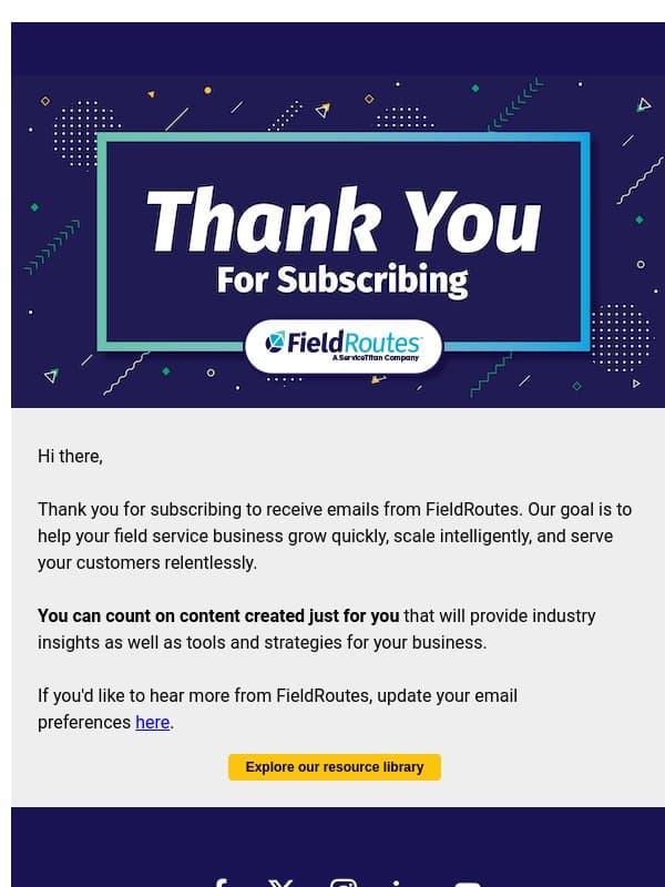 Thank you for subscribing email from FieldRoutes