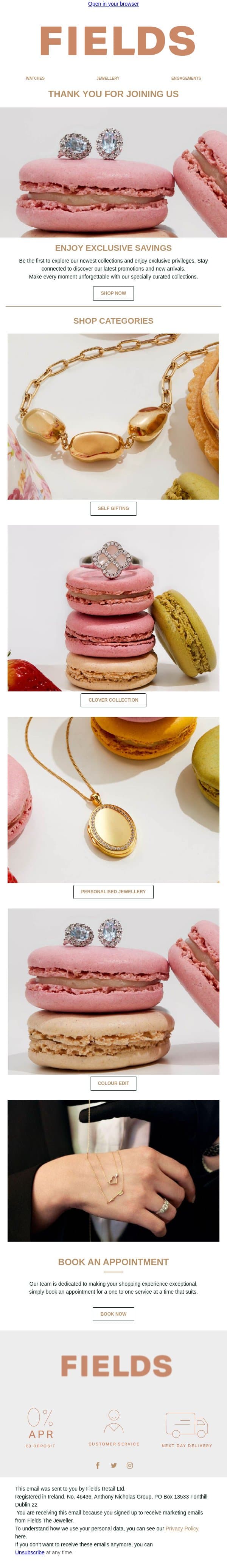 Welcome to Fields email from Fields Jewellers screenshot