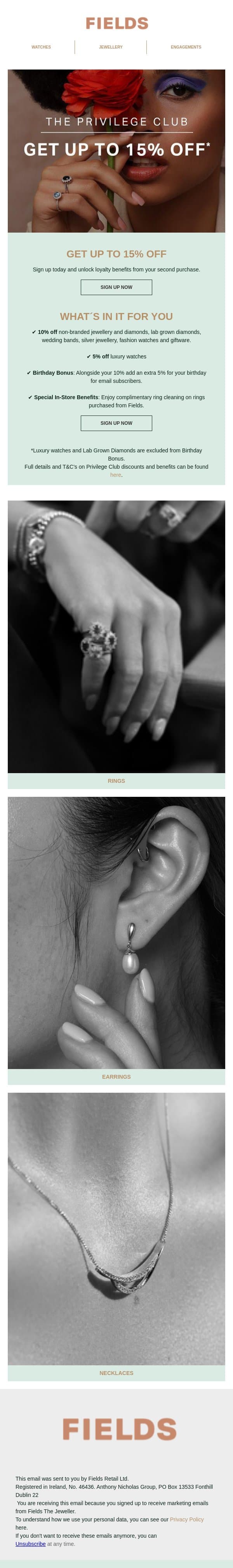 Join the Privilege Club email from Fields Jewellers screenshot