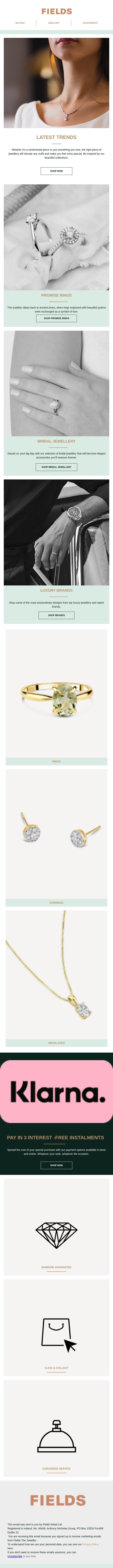 Have you heard of Klarna? email from Fields Jewellers screenshot