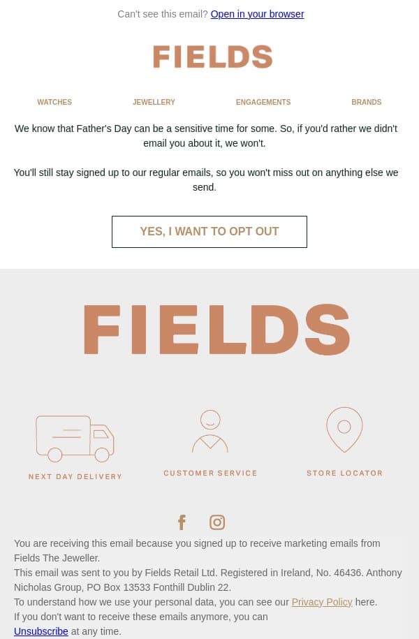 Prefer not to hear about Father's Day? email from Fields Jewellers screenshot