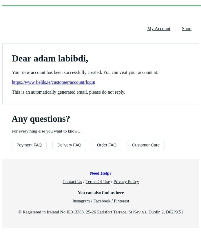 Nice to have you as part of the Fields family email from Fields Jewellers screenshot