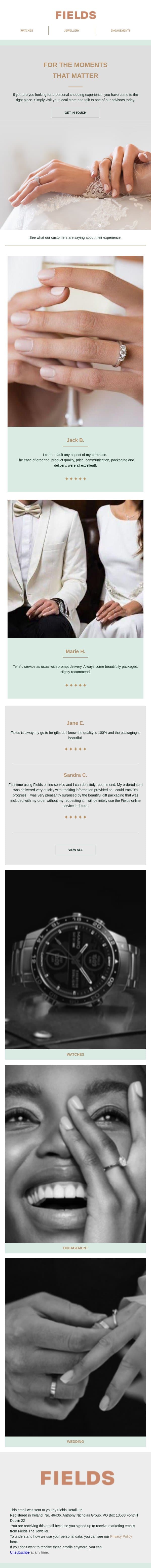 A Tailored Shopping Experience email from Fields Jewellers screenshot