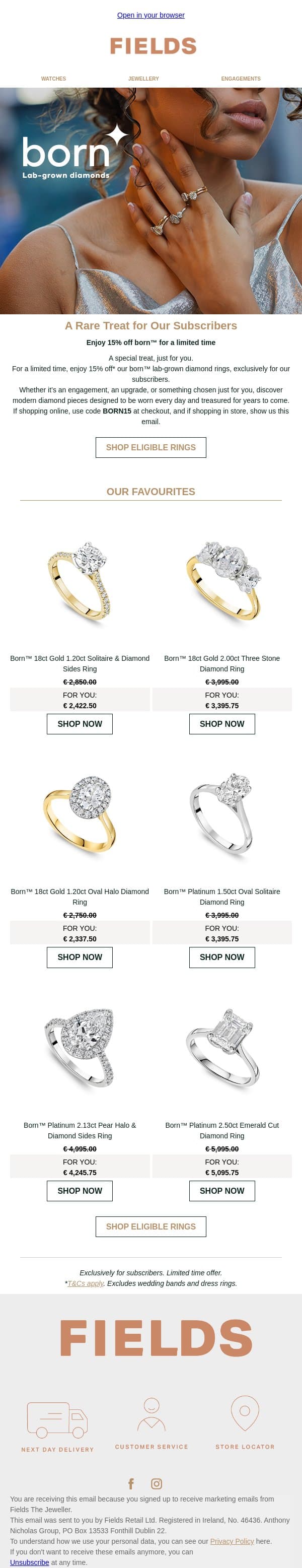 A rare treat, just for you email from Fields Jewellers screenshot