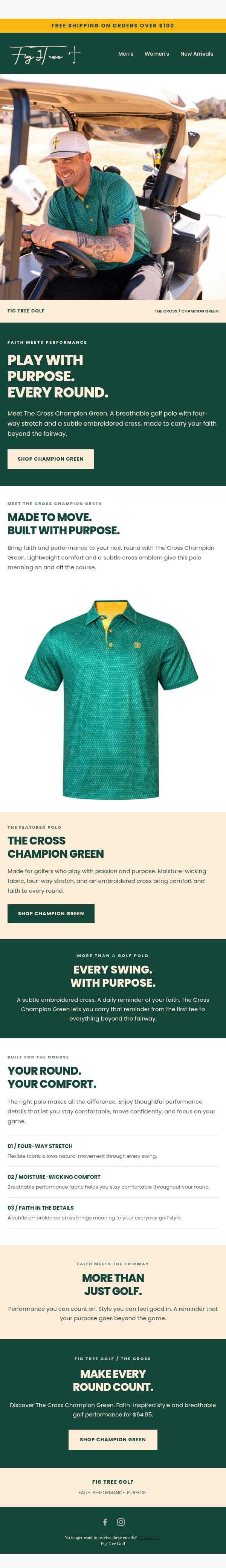 Play With Purpose. Meet The Cross Champion Green. email from Fig Tree Golf screenshot