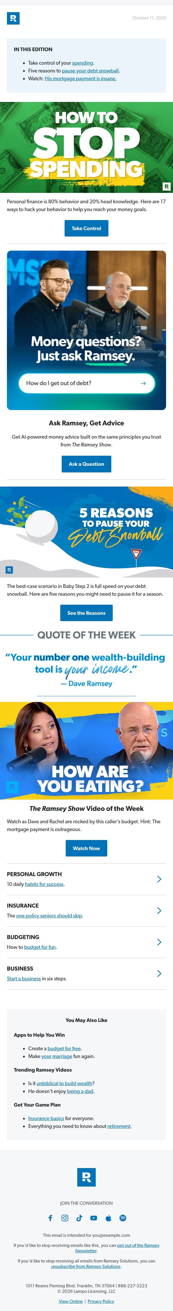 Ways to Stop Overspending email from Financial Peace University (FPU) screenshot
