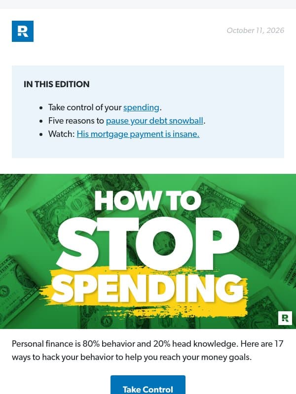 Ways to Stop Overspending email from Financial Peace University (FPU)
