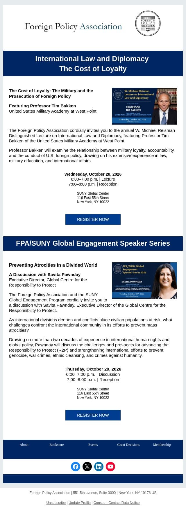 You're Invited: Two FPA Lectures on International Law and Global Affairs email from Financial Planning Association (FPA) screenshot