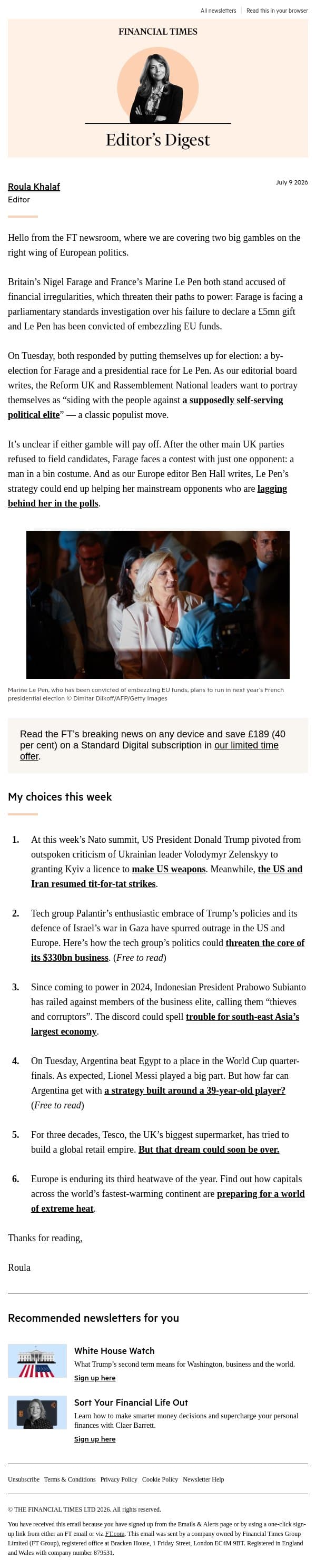 Two big gambles email from Financial Times screenshot