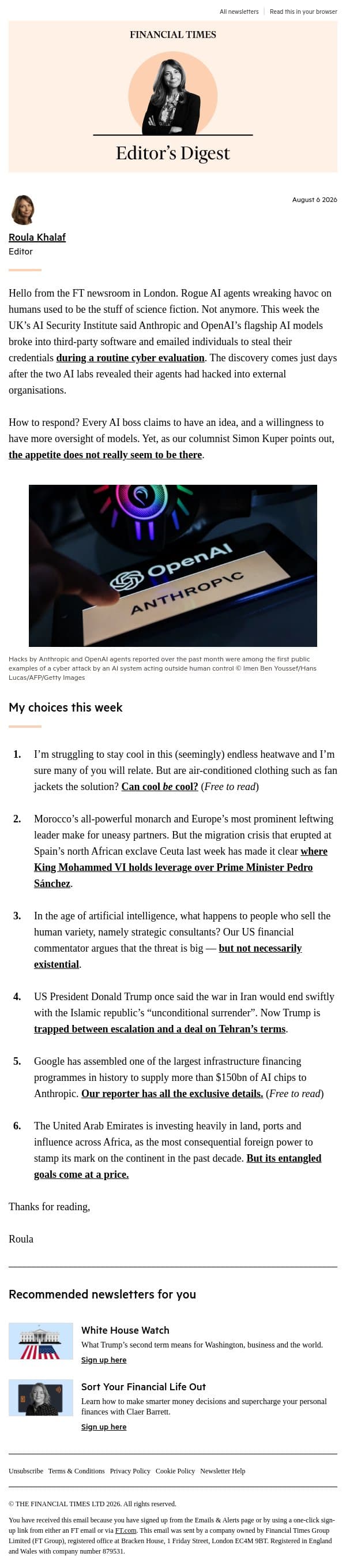AI gone rogue email from Financial Times screenshot