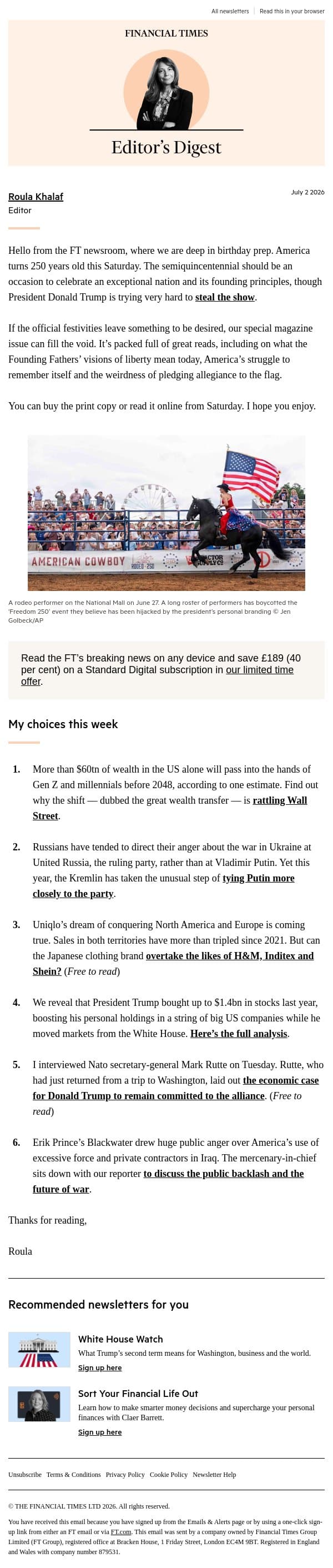 A birthday to remember email from Financial Times screenshot