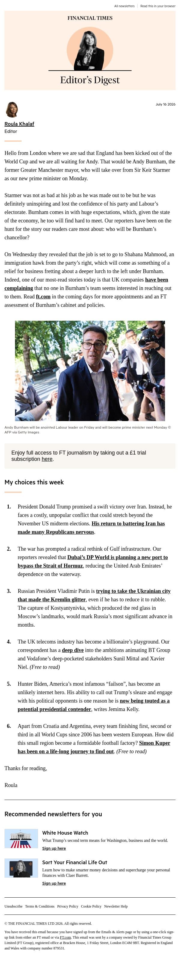 All eyes on Andy Burnham email from Financial Times screenshot