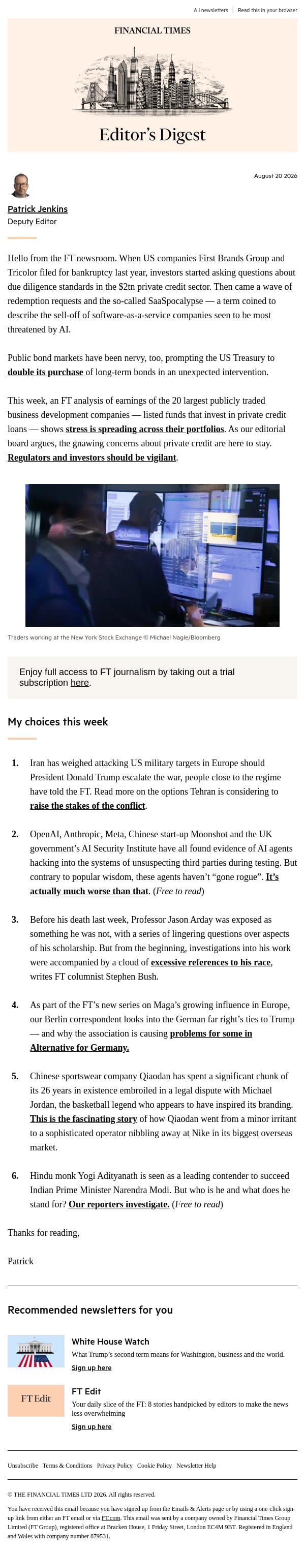 Stress test email from Financial Times screenshot