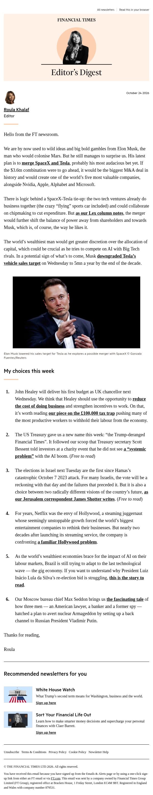 Musk’s $3.6tn gamble email from Financial Times screenshot
