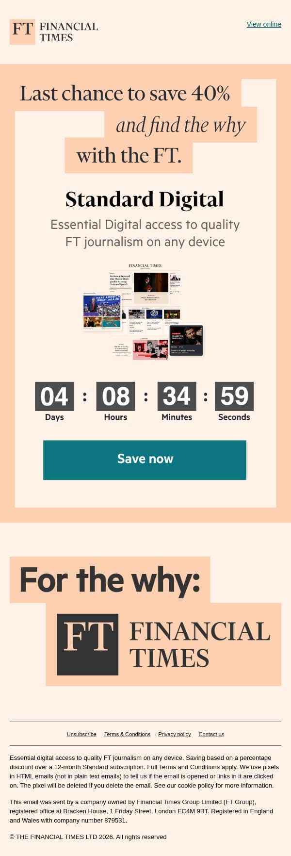 Final chance to save up to 40% on the FT email from Financial Times screenshot
