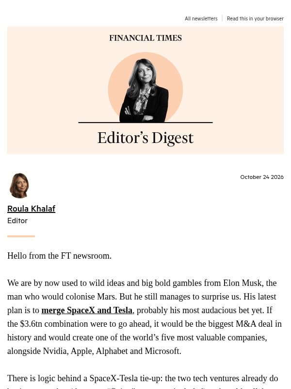 Musk’s $3.6tn gamble email from Financial Times