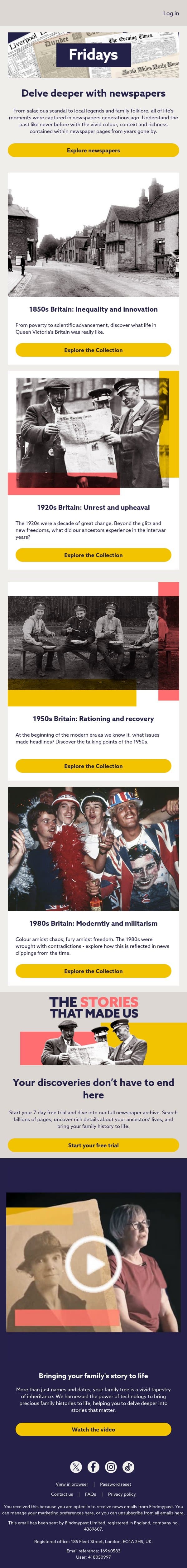 Explore colourful stories in black and white email from Findmypast screenshot