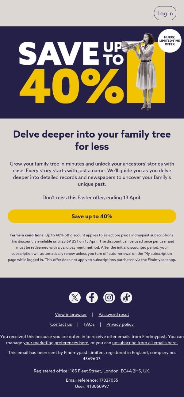 Save up to 40% email from Findmypast screenshot