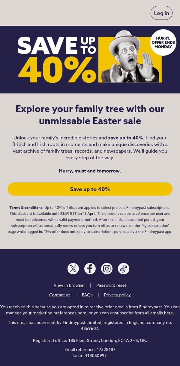 Last chance: Save up to 40% email from Findmypast screenshot