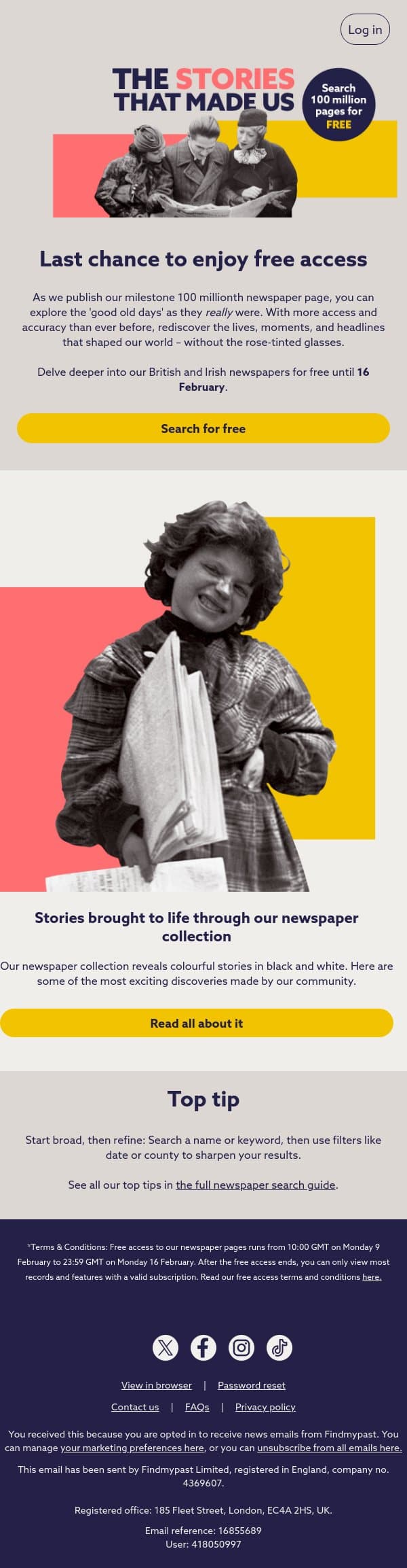 Last chance: free access ends tomorrow email from Findmypast screenshot