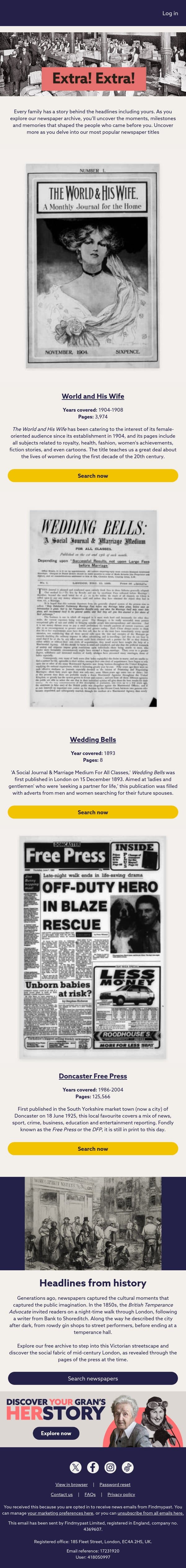 Headlines that bring the past to life email from Findmypast screenshot