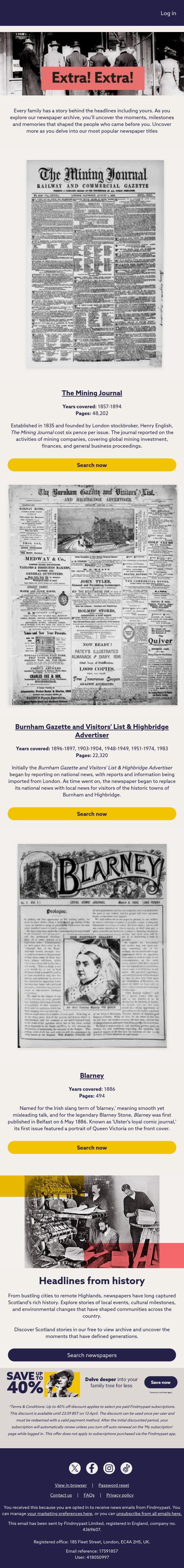 Read the past, headline by headline email from Findmypast screenshot