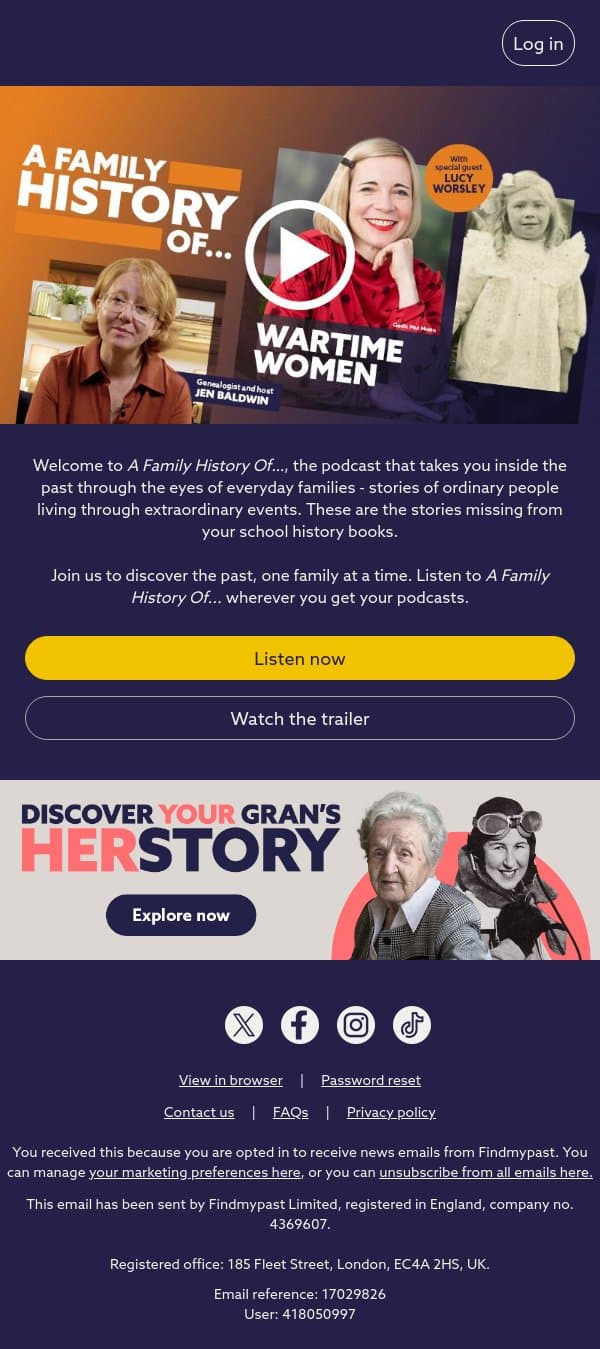 Introducing 'A Family History Of...' podcast email from Findmypast screenshot