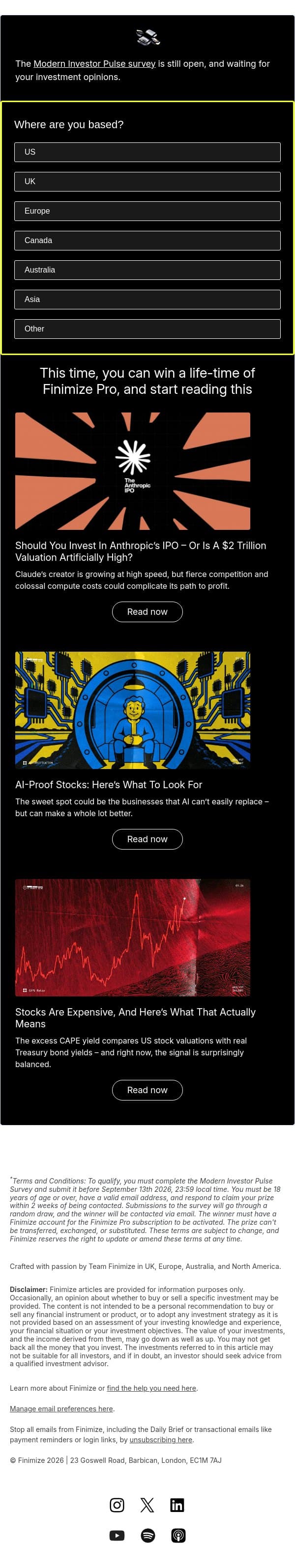 ๐ Have your say โ Modern Investor Pulse survey email from Finimize screenshot