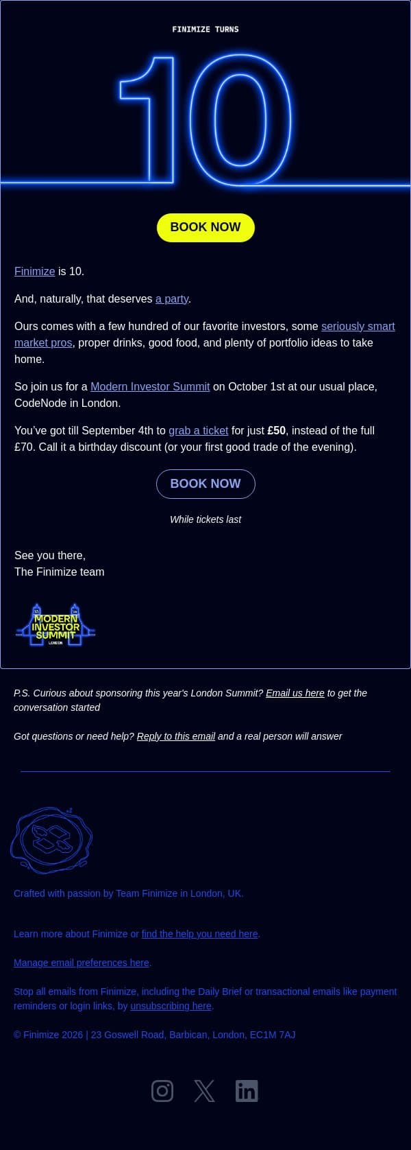 🥂 We’re throwing a birthday party email from Finimize screenshot