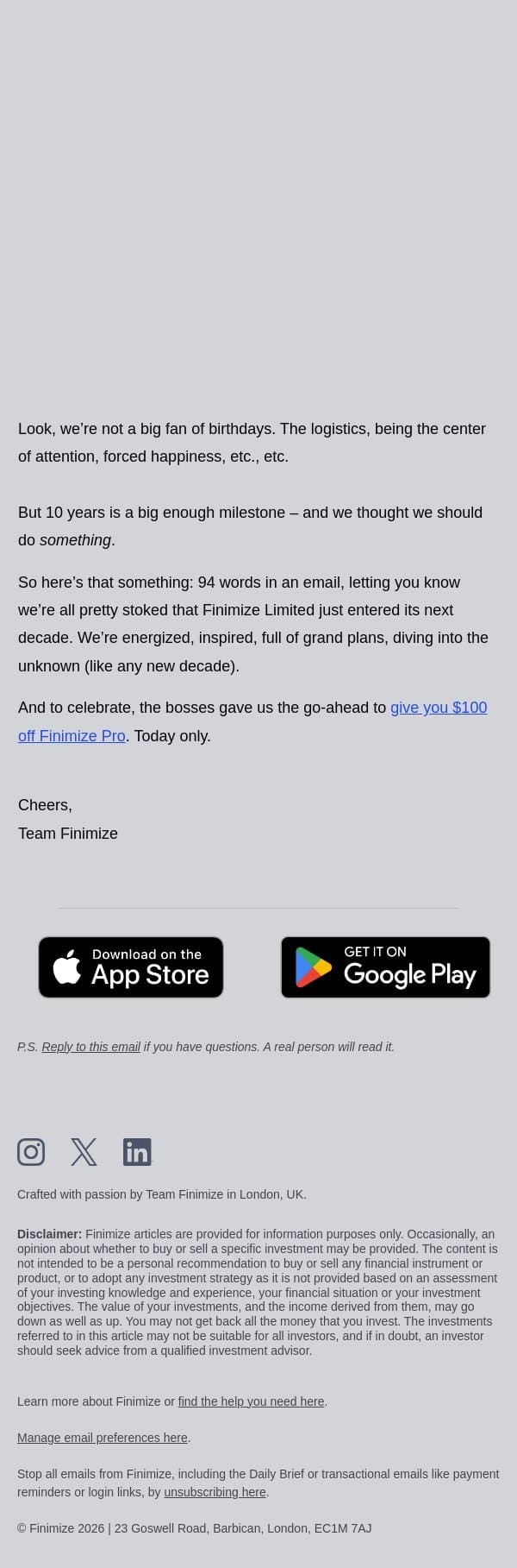 We got you something for our birthday. email from Finimize screenshot
