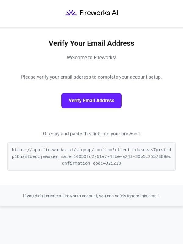 Verify your Fireworks account email from Fireworks AI screenshot