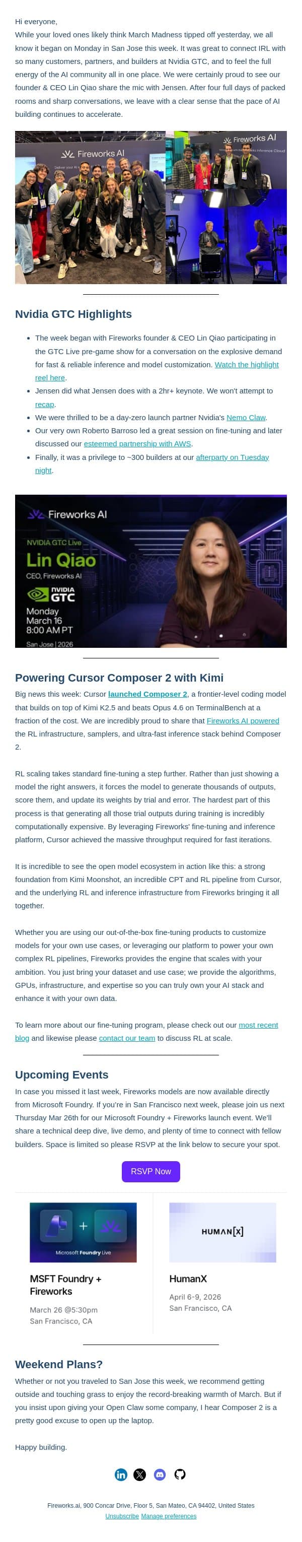 GTC Highlights, Cursor Composer 2, and What’s Ahead email from Fireworks AI screenshot