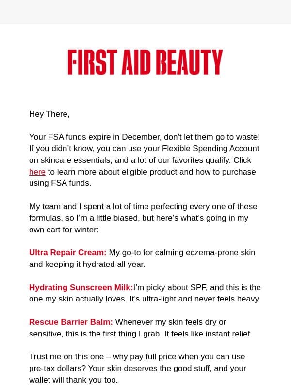 Your FSA Funds Expire Soon! email from First Aid Beauty