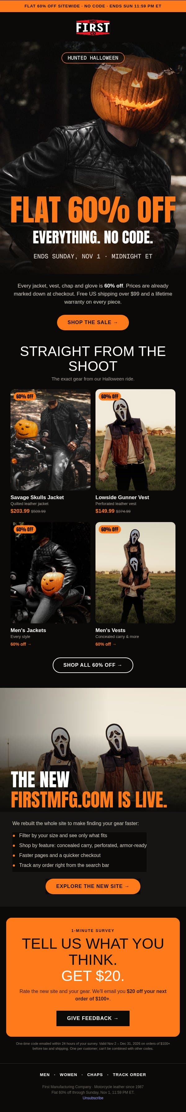 Savage Skulls jacket $203.99 (was $509.99) email from First MFG screenshot