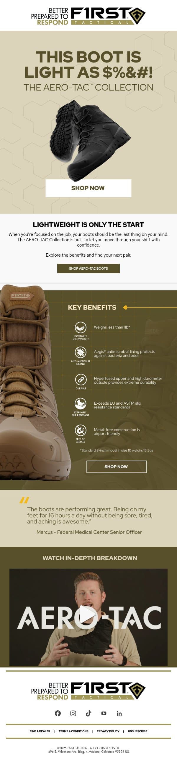 5 reasons to lace up the AERO-TAC Boot email from First Tactical screenshot