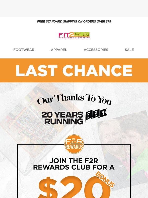 Last chance: $20 for joining email from Fit2Run