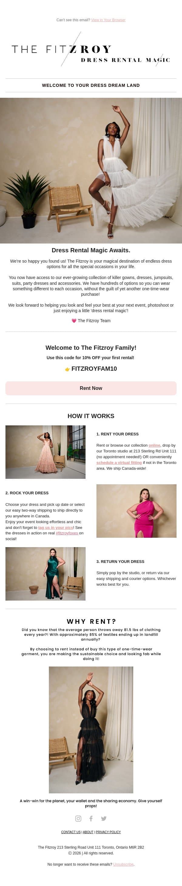 Welcome to the Fitzroy Fam email from Fitzroy Rentals screenshot