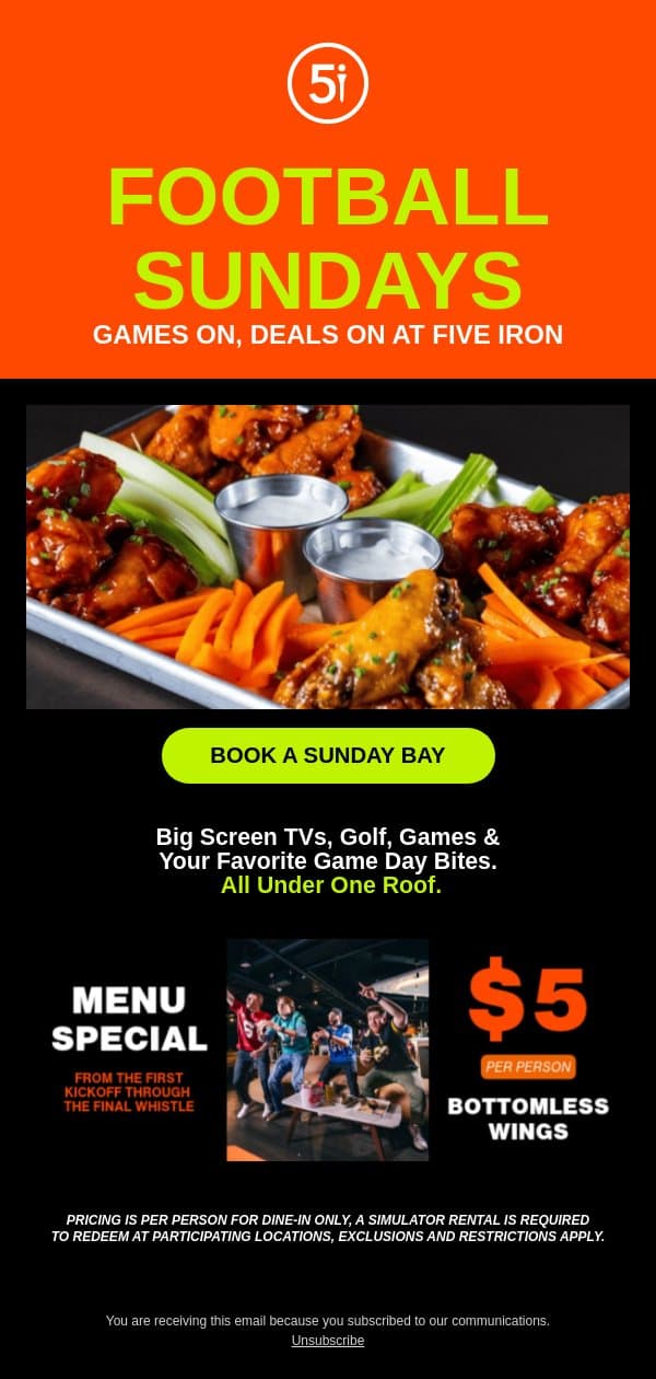 Sundays at 5i = $5 Bottomless Wings email from Five Iron Golf screenshot
