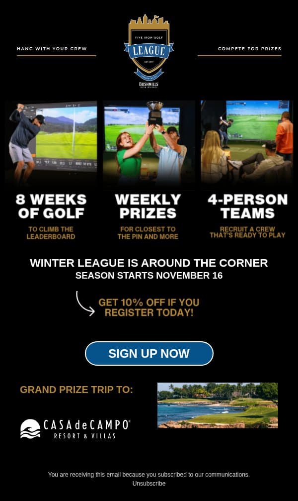 Winter League Is Calling! ⛳ email from Five Iron Golf screenshot