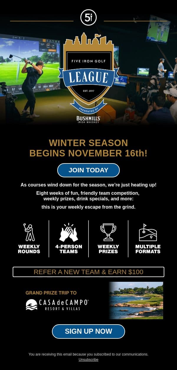 Winter Season Begins November 16th ⛳️ email from Five Iron Golf screenshot