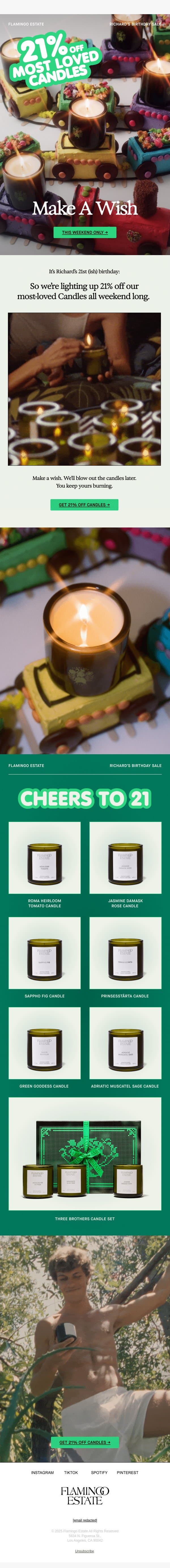 21% OFF CANDLES! email from Flamingo Estate screenshot
